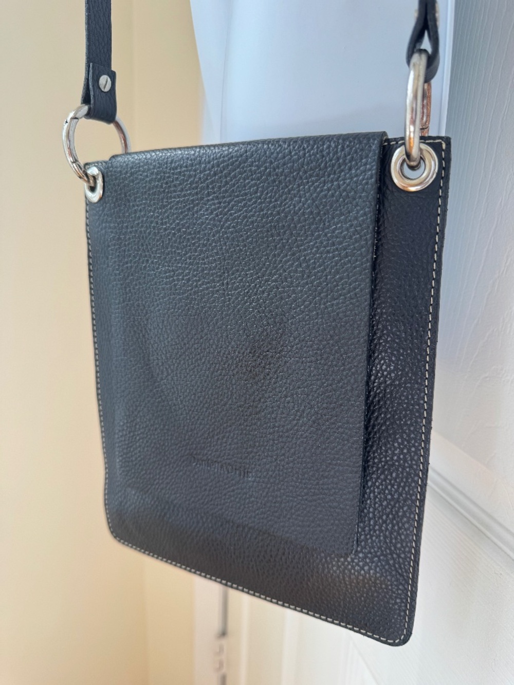 Daniela Ortiz Genuine Leather Black Flap Crossbody Shoulder Bag Pebbled
